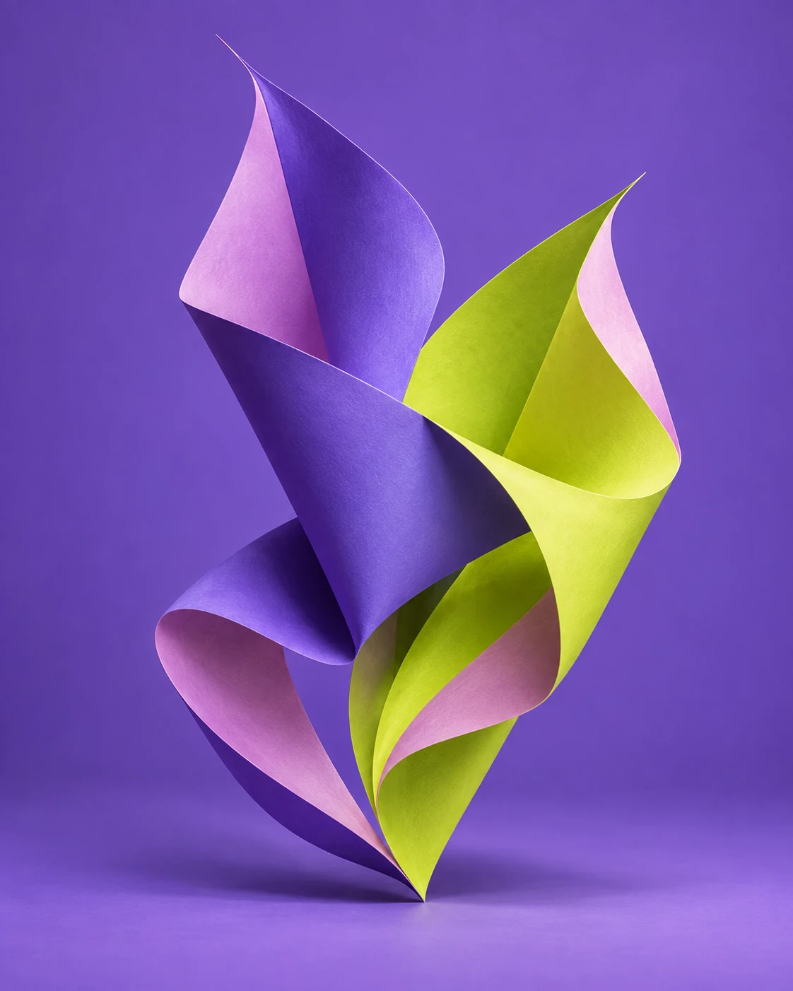 Sculptural violet and lime petals unfolding together into a bloom